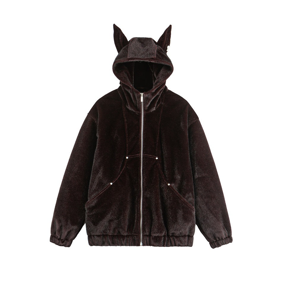 Dark reddish-brown plush hooded zip jacket with ear-shaped hood tips, front pockets and elastic cuffs, flat front view