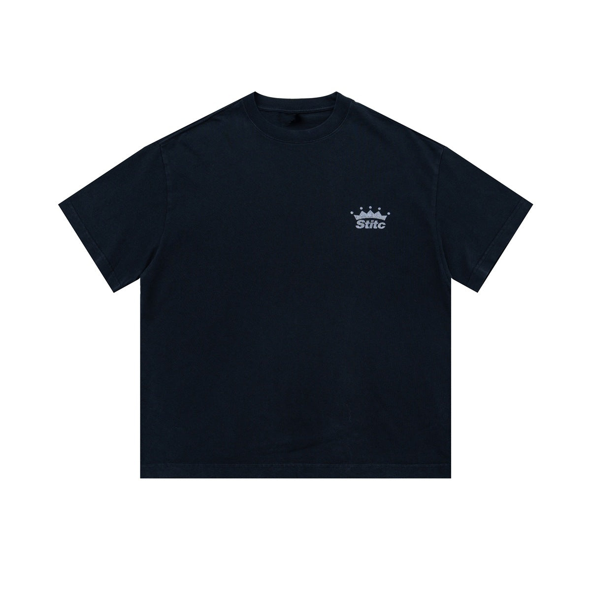 Front view of black short-sleeve crew-neck T-shirt with small light gray crown graphic on left chest