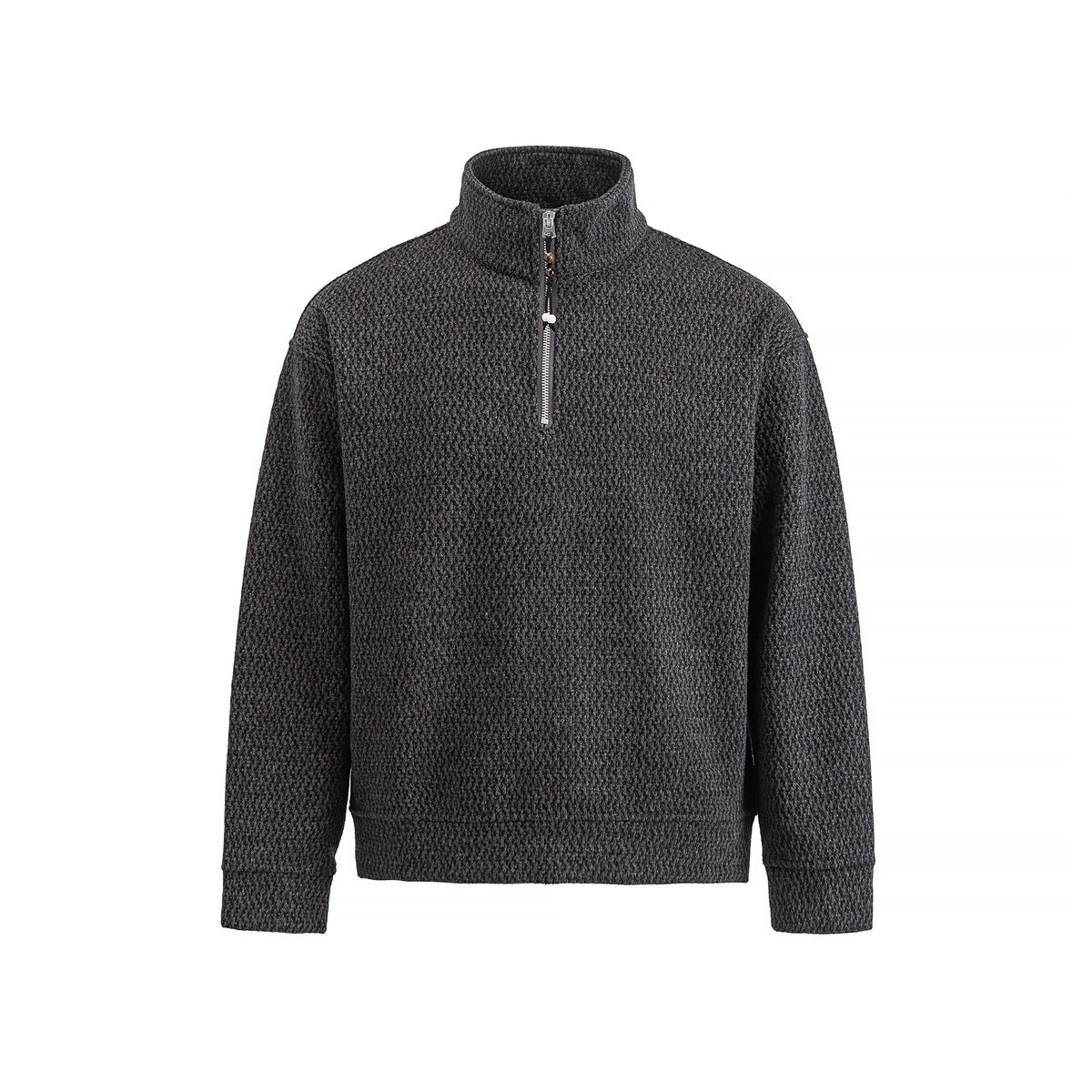 Black-gray textured half-zip stand-collar pullover with ribbed cuffs and hem, flat front view