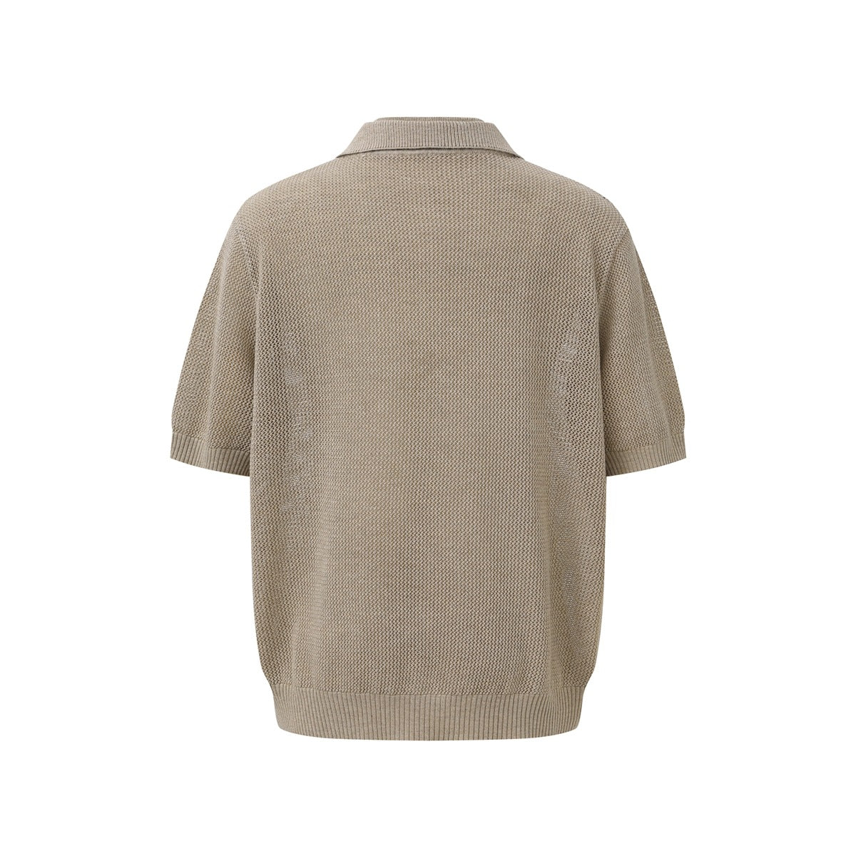 Back view of a beige short-sleeve knit polo shirt with a collar and ribbed hem and cuffs.