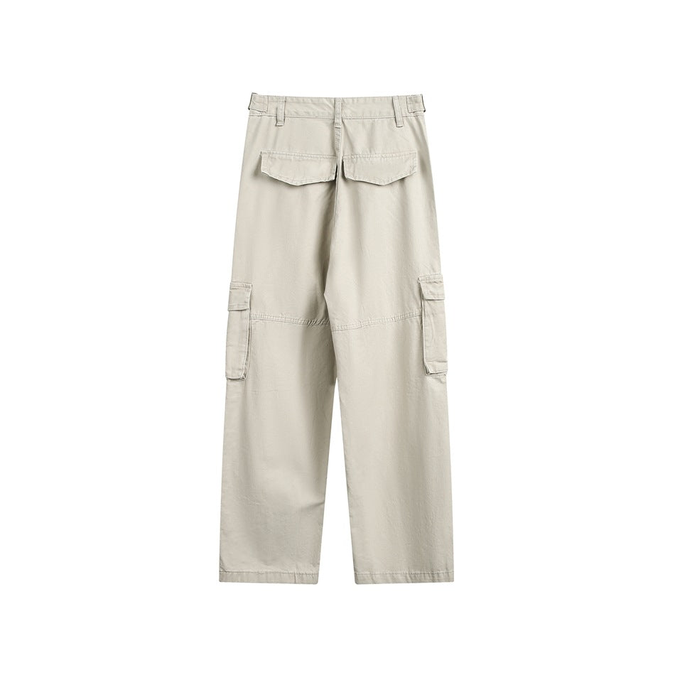 Light khaki wide-leg cargo pants, back view, with two flap pockets and side cargo pockets