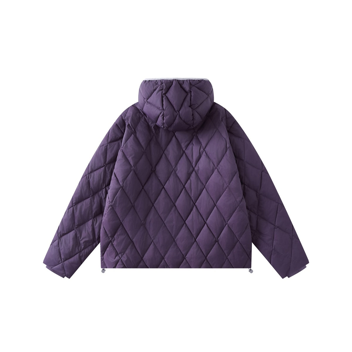 Back view of purple diamond-quilted hooded jacket flat-lay with hem drawcord toggles