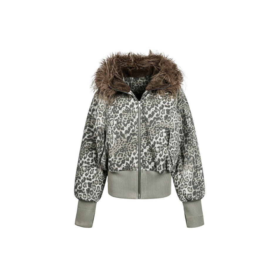 Leopard print zip jacket with brown shaggy hood trim and sage green ribbed hem and cuffs, front view on white
