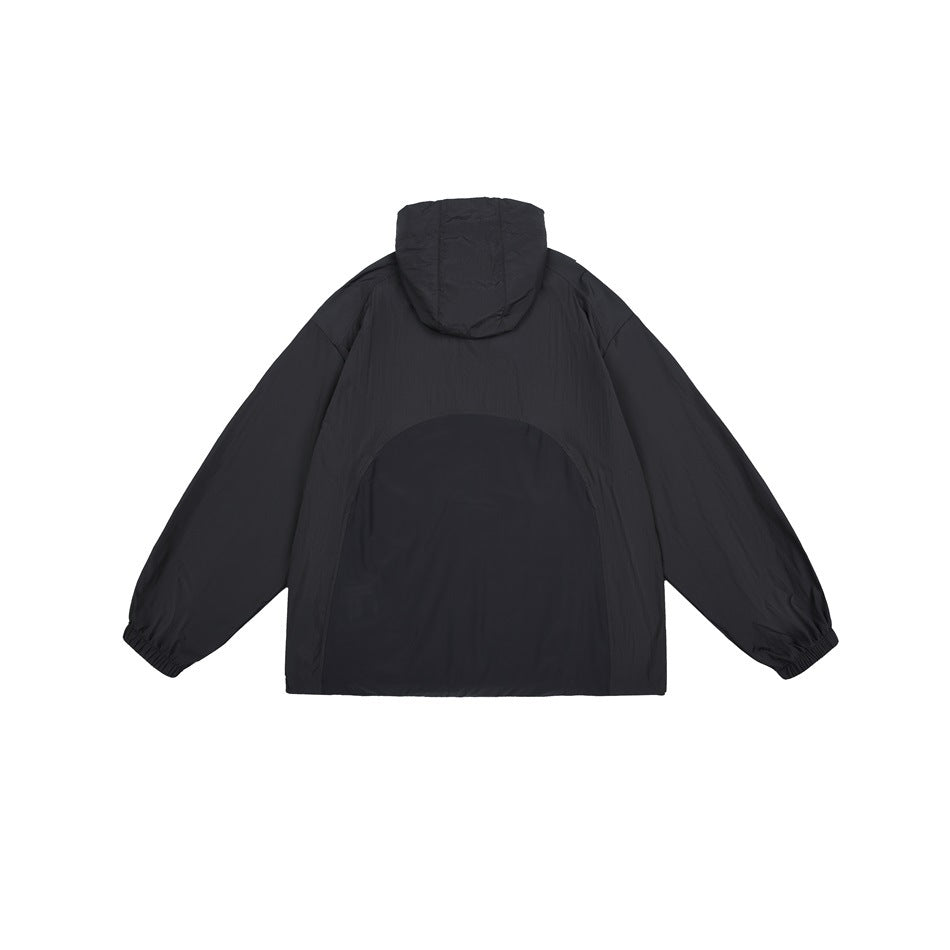 Back view of a black hooded jacket with elastic cuffs and a large rounded lower-back panel.