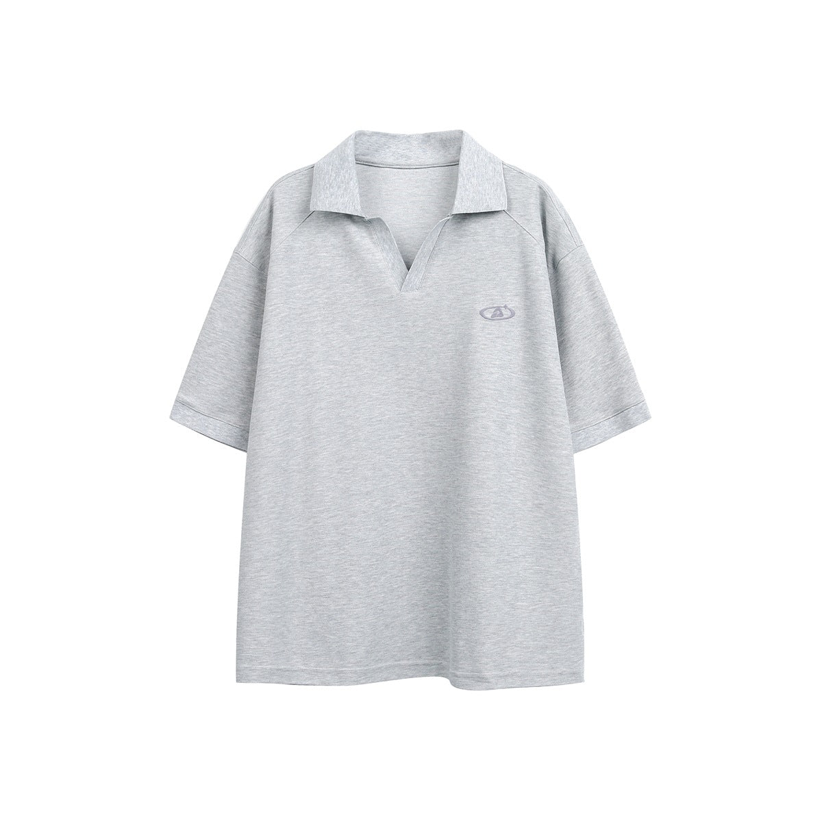 Heather gray short-sleeve polo-style top with open V-neck, collar and small embroidered oval logo, flat front view