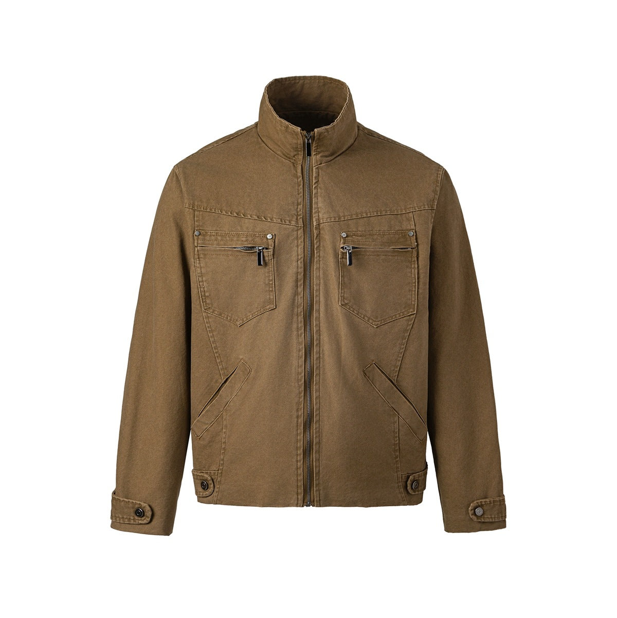 Washed brown zip-front jacket with stand collar, zippered chest pockets and button-tab cuffs, front view