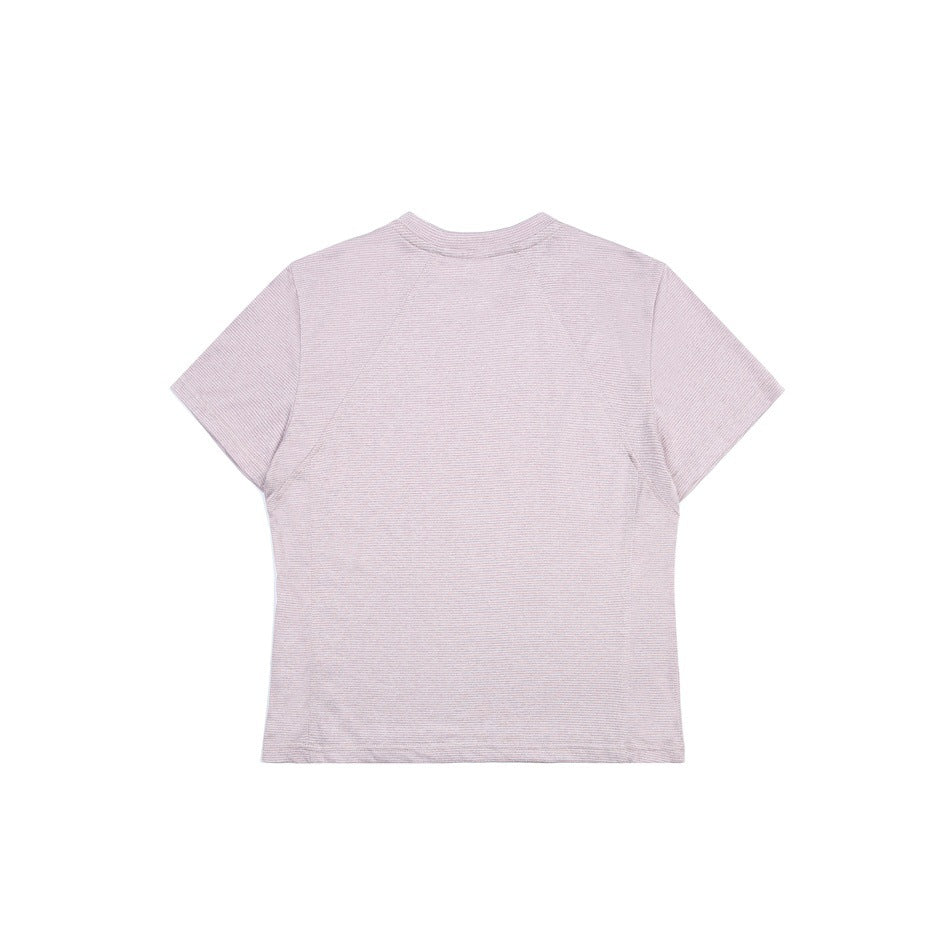 Full back view of a pale mauve short-sleeve crew-neck shirt, laid flat on white.