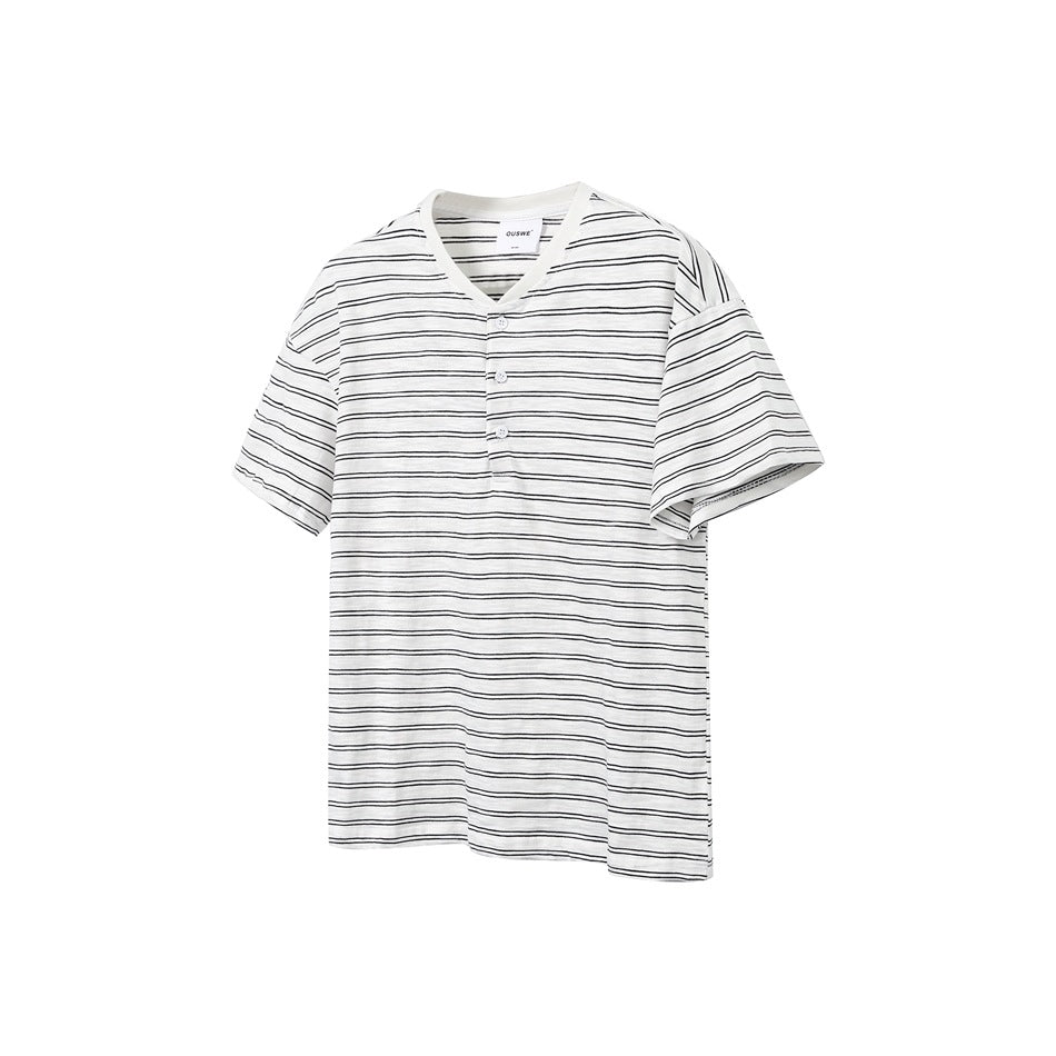 White short-sleeve Henley T-shirt with black horizontal stripes, three-button placket and white neckband, flat view