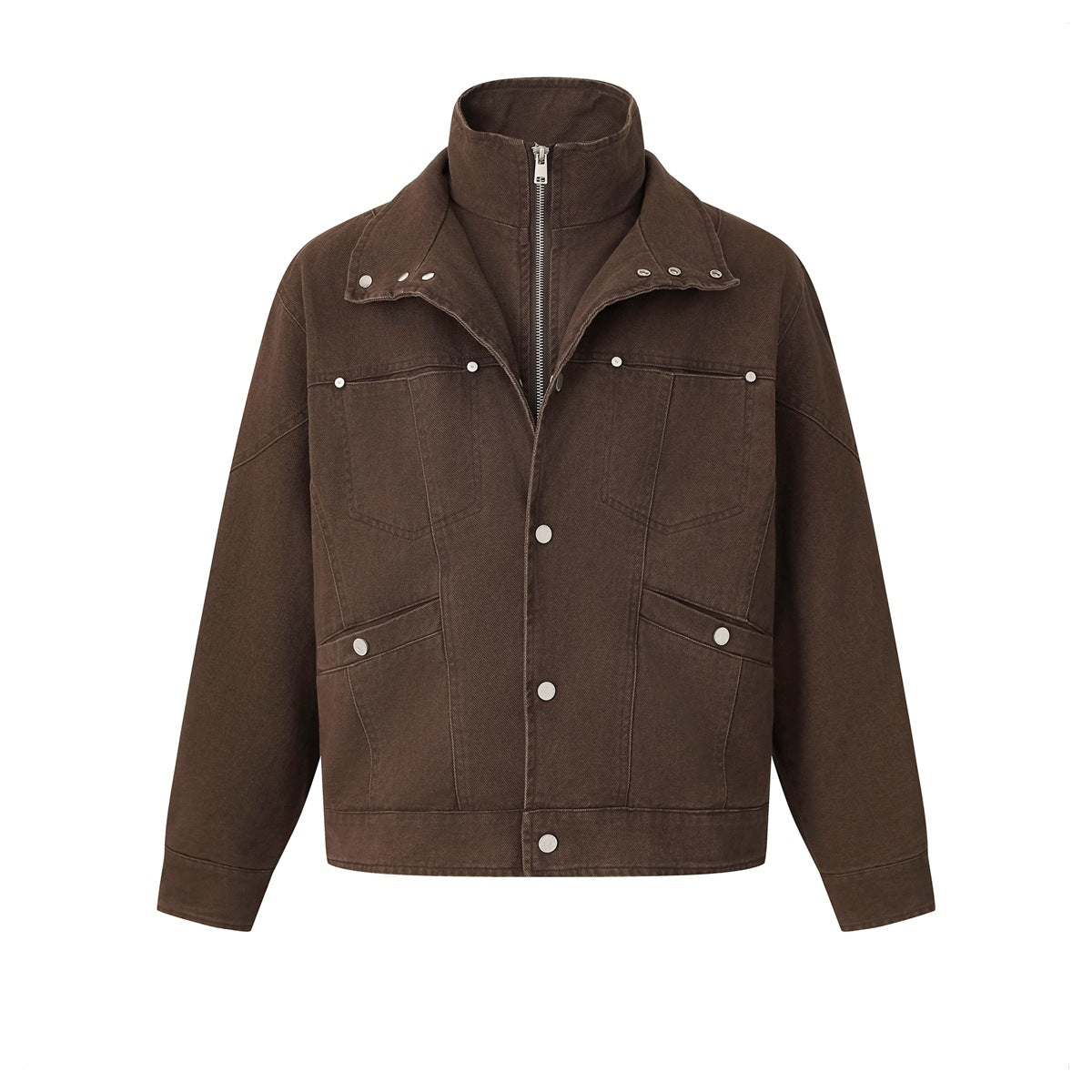 Brown double-layer stand-collar jacket with zip inner collar, snap front, chest panels and flap pockets, flat front view