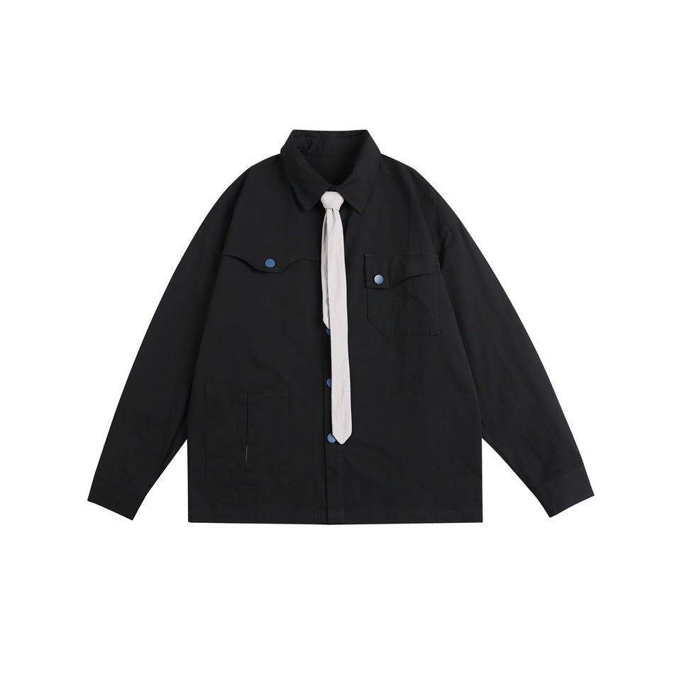 Black long-sleeve collared button-front shirt jacket with light gray tie, blue snaps and chest and lower pockets, flat lay