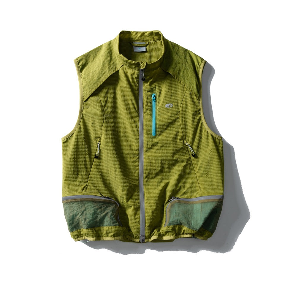 Olive green sleeveless zip vest with stand collar, teal chest zip pocket and green lower mesh-panel pockets, front view