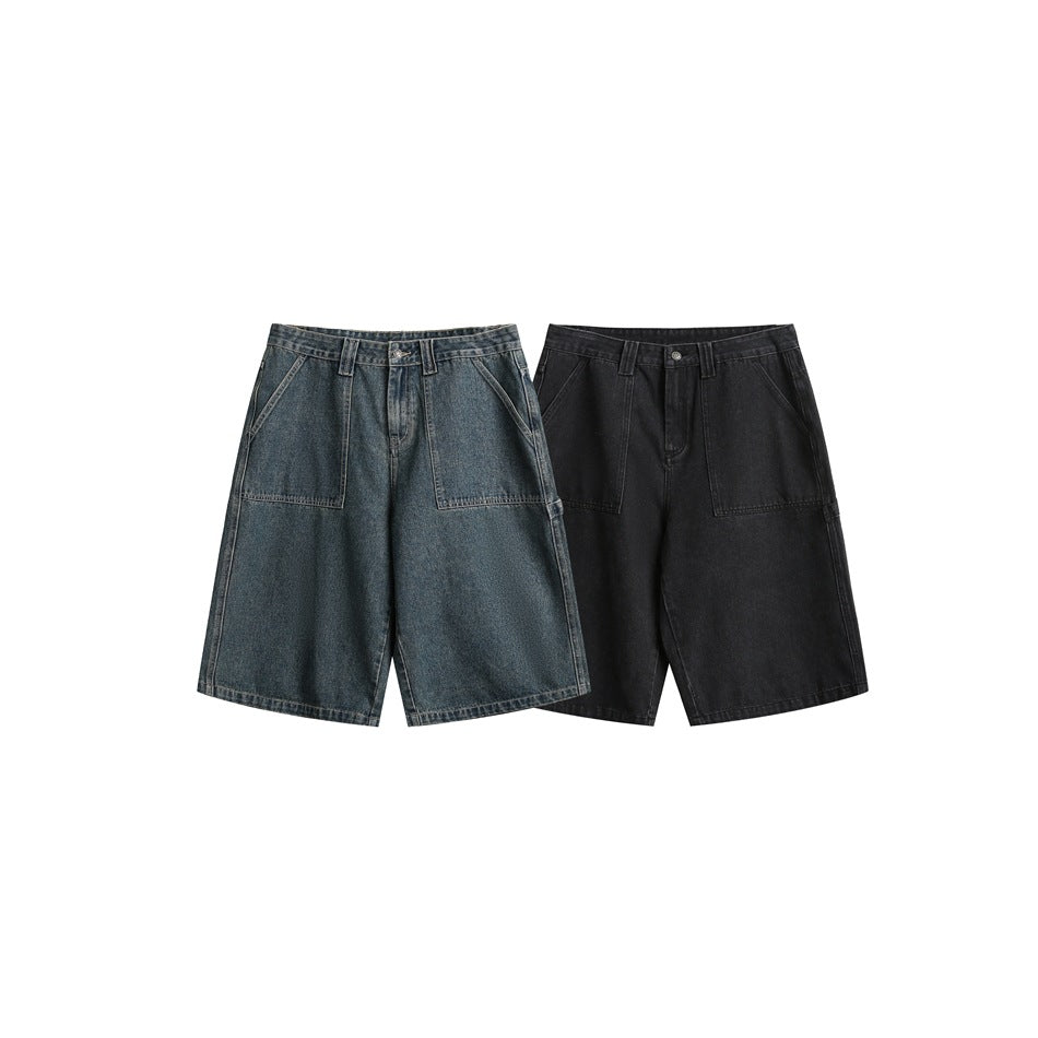 Two pairs of wide-leg denim shorts with large front patch pockets, shown in blue-gray and black.