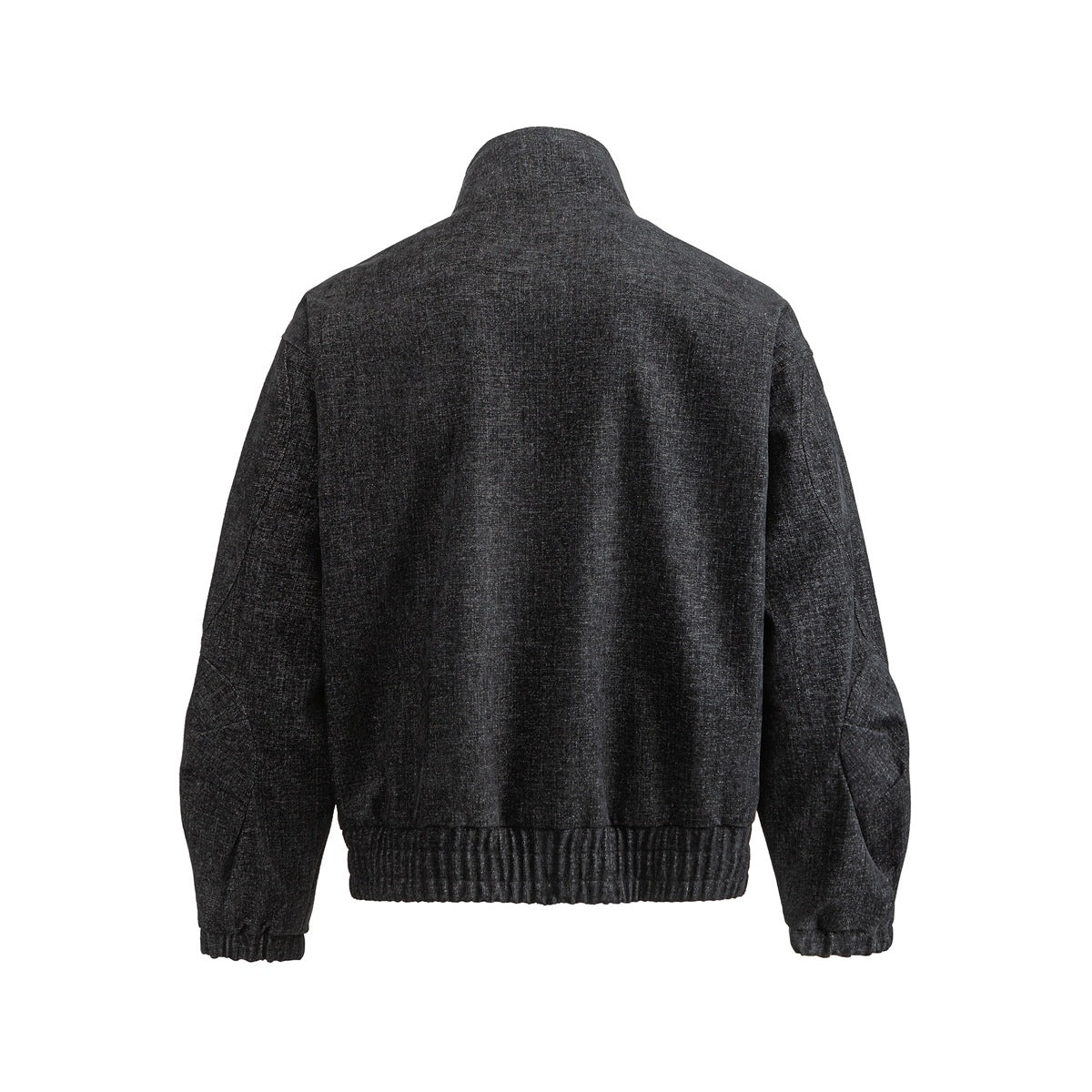 Back view of a charcoal gray zip-front jacket with a stand collar, long sleeves, and gathered hem and cuffs.