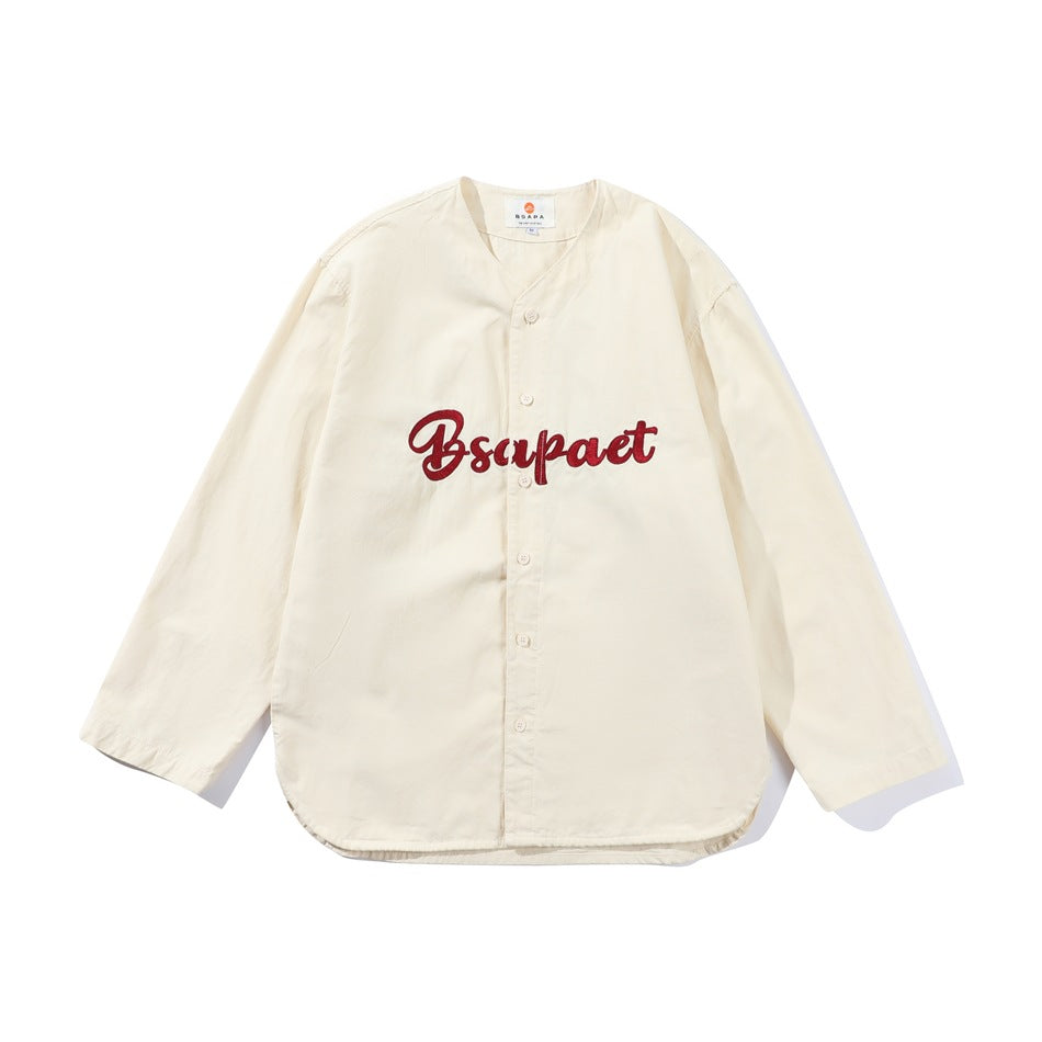 Off-white long-sleeve button-front baseball-style jacket with red script embroidery on the chest, flat lay