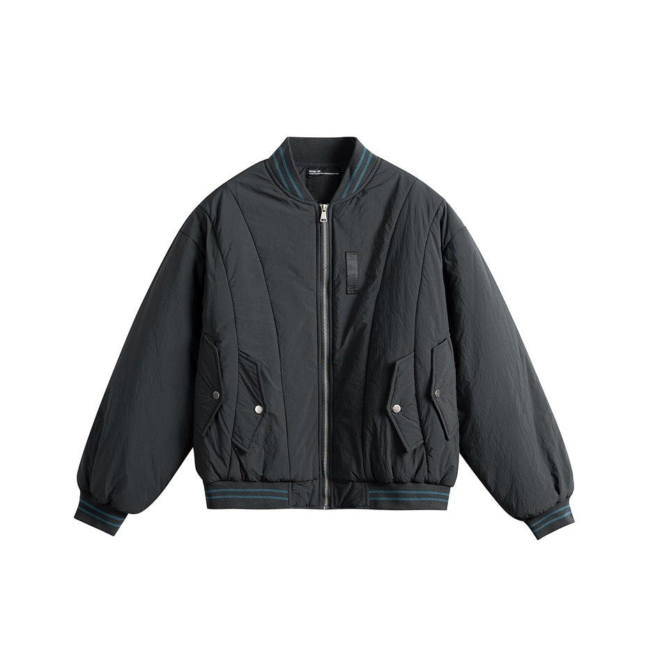 Dark gray bomber jacket with teal-striped ribbed collar, cuffs and hem, front zip and snap flap pockets, front view