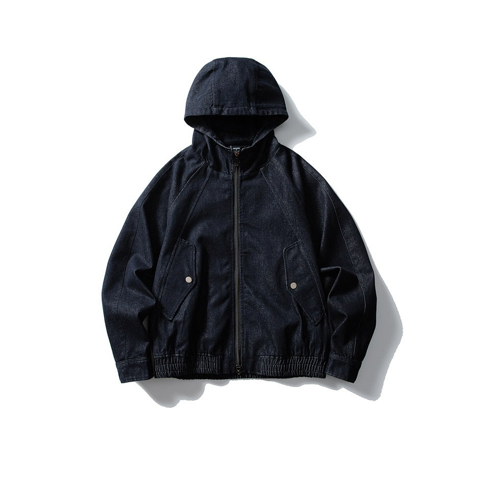 Dark blue hooded denim-look jacket flat lay, front view with zip, flap pockets and elastic hem