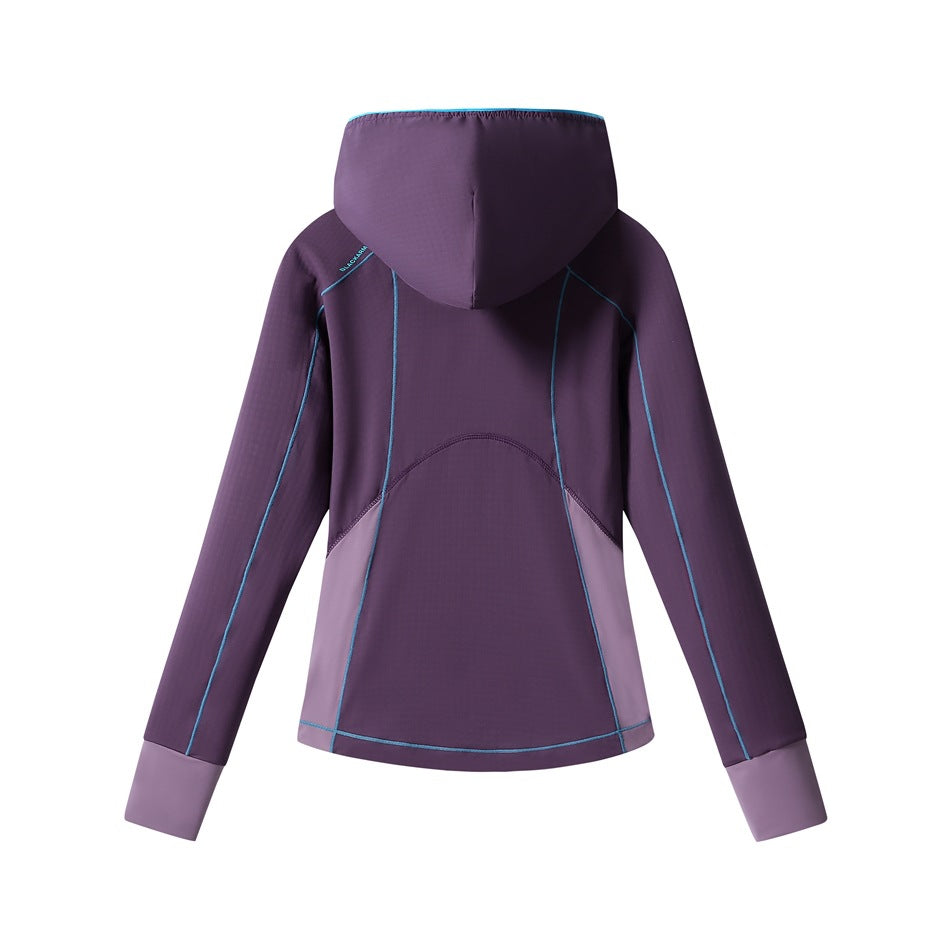 Back view of a dark purple hooded jacket with turquoise seam piping and contrasting lavender panels.