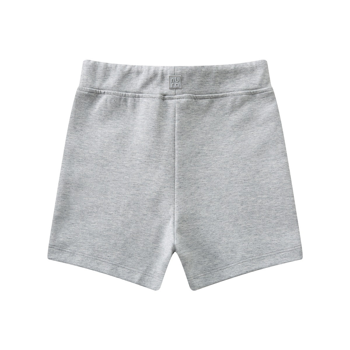 Heather gray shorts laid flat, with an elastic waistband and a small square logo patch at the center.