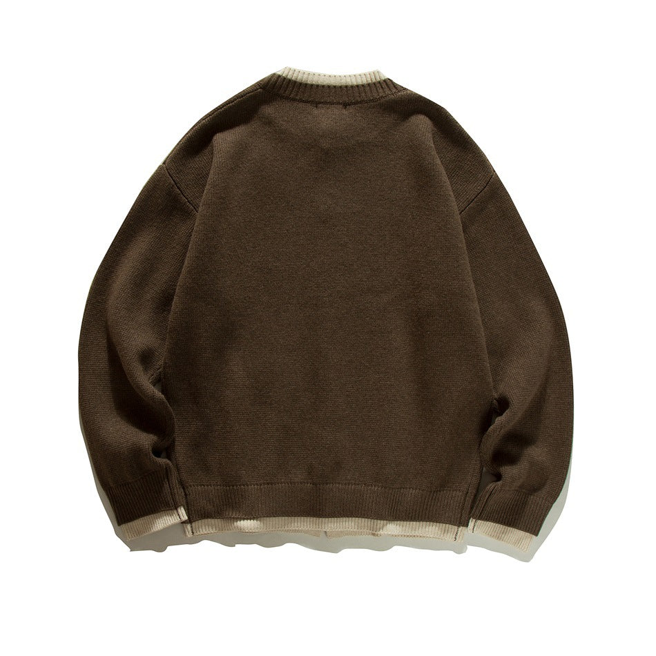 Back view of coffee brown knit cardigan with cream ribbed collar, cuffs and layered hem trim, flat lay