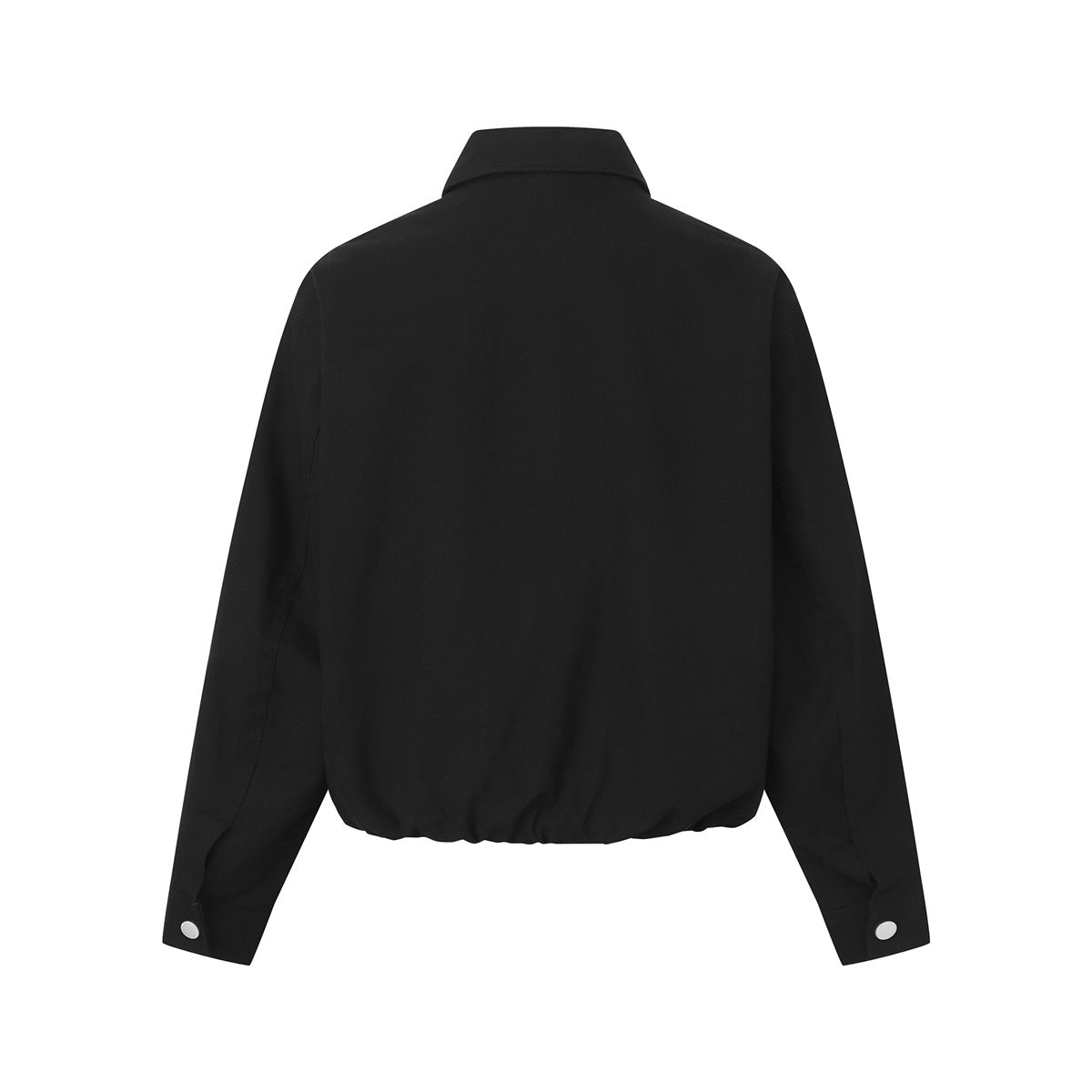 Back view of a black jacket with a pointed collar, long sleeves, and gathered hem.