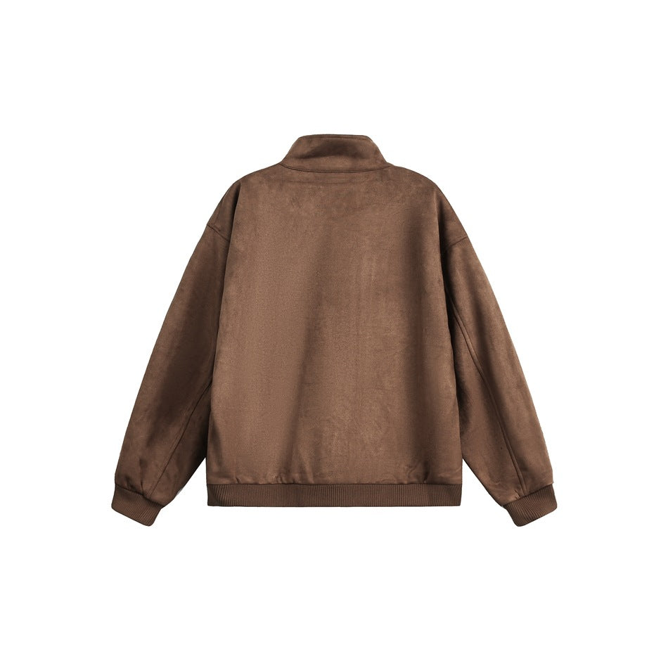 Back view of a brown jacket with a raised collar, long sleeves, and ribbed cuffs and hem.