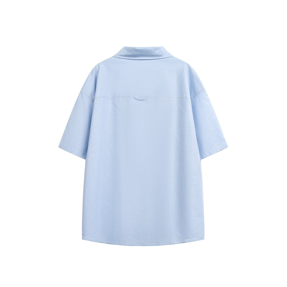 Back view of a pale blue short-sleeve button-up shirt displayed flat against a white background.