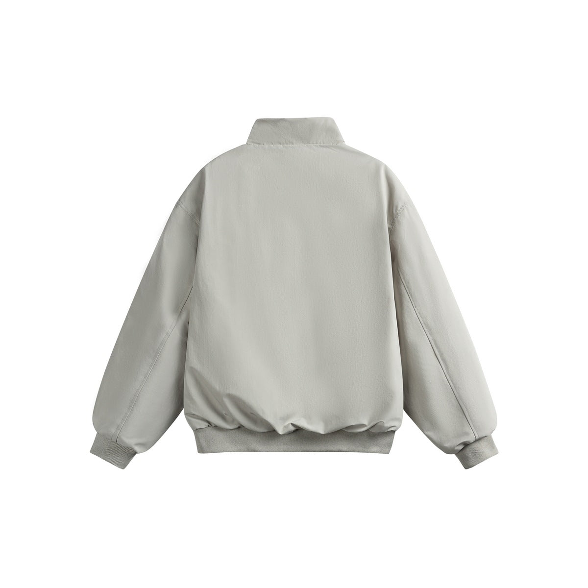 Back view of a light gray jacket with a stand collar, long sleeves, and ribbed cuffs and hem.