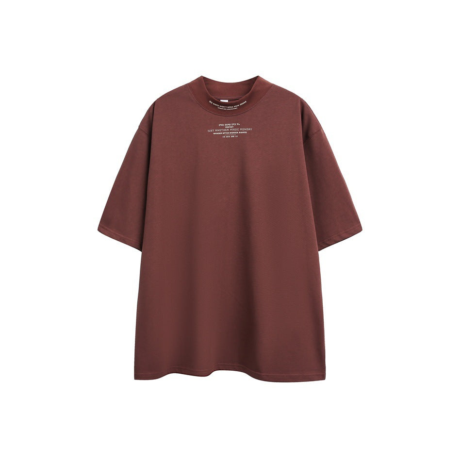 Reddish-brown short-sleeve mock-neck T-shirt with small light text print on the chest and neckband, flat front view
