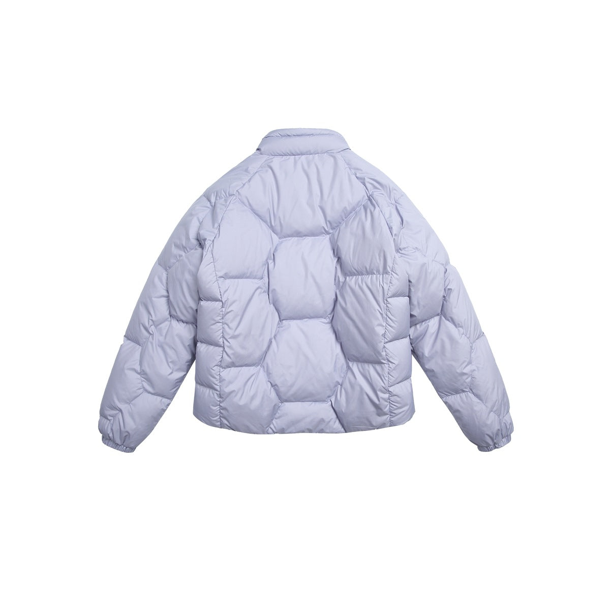 Back view of a lavender-gray quilted jacket with a short stand collar and geometric padded panels.