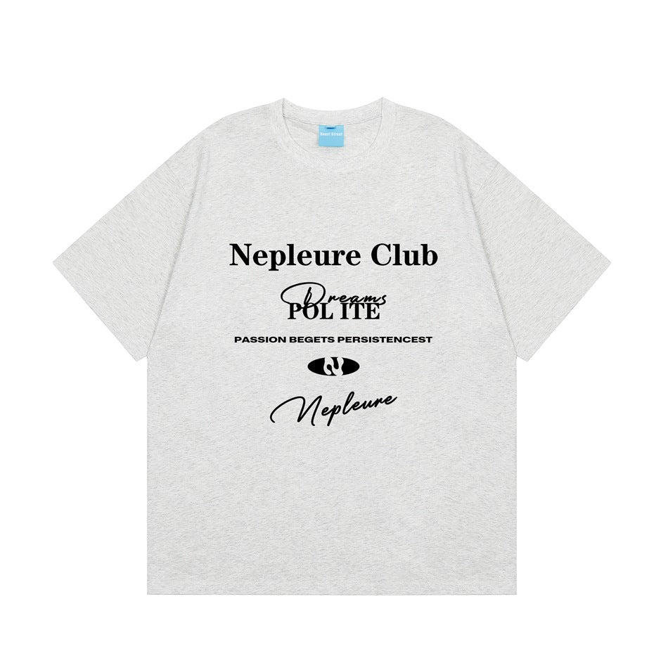 Heather gray short-sleeve crew-neck T-shirt with black 'Nepleure Club' graphic print on the front, flat view