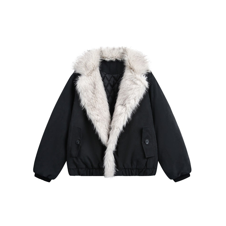 Front view of a black cropped jacket with a cream faux-fur collar, buttoned pockets, and quilted lining.
