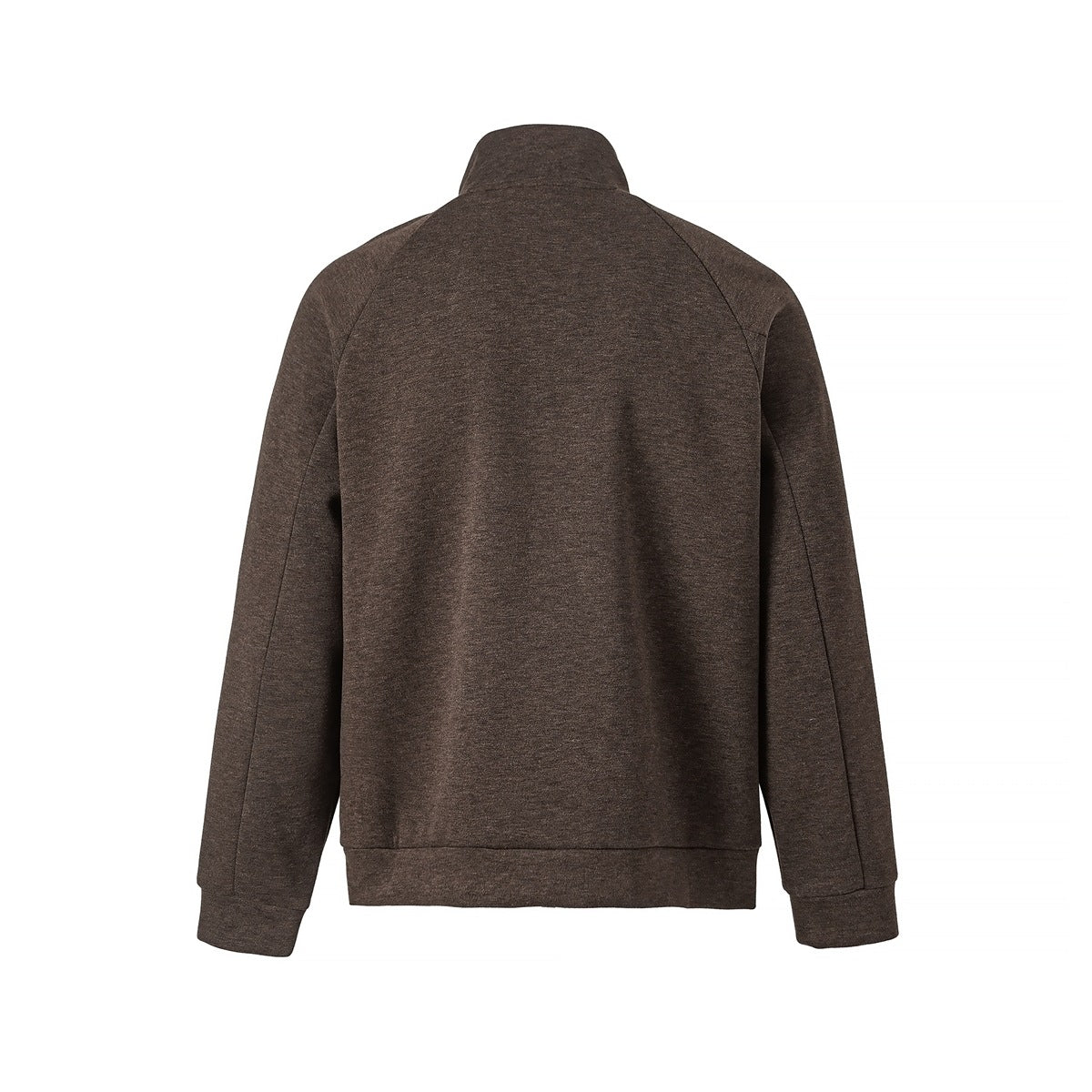 Back view of brown heathered stand-collar pullover with raglan sleeves and ribbed cuffs and hem