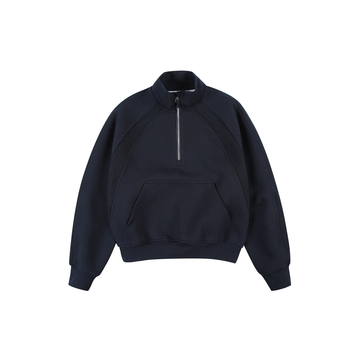 Navy blue half-zip sweatshirt with stand collar, ribbed raglan panels and kangaroo pocket, flat front view