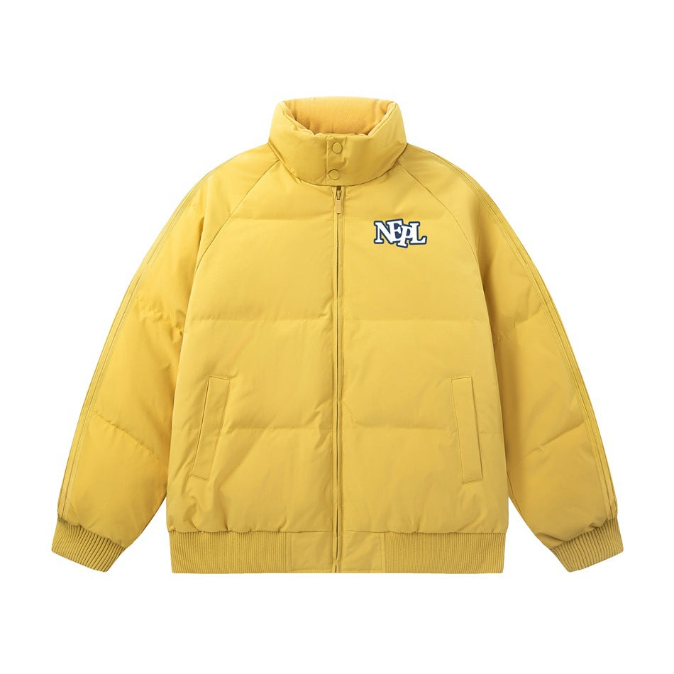 Yellow puffer jacket with stand collar, front zipper, quilted channels and NEPL chest patch, flat front view