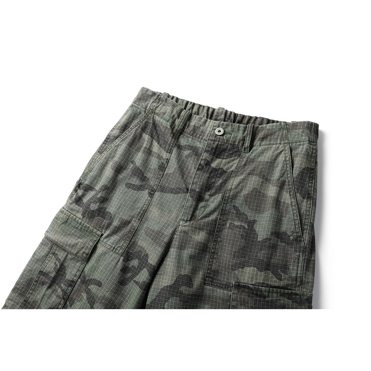 Close-up of green-gray camouflage cargo pants showing the elasticated waist, button, belt loops and flap pockets.