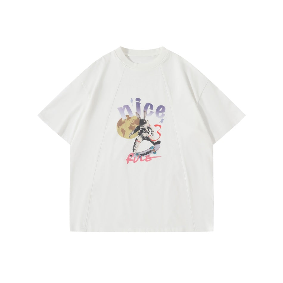 White short-sleeve T-shirt with astronaut rabbit skateboard graphic and nice RULE lettering, front view