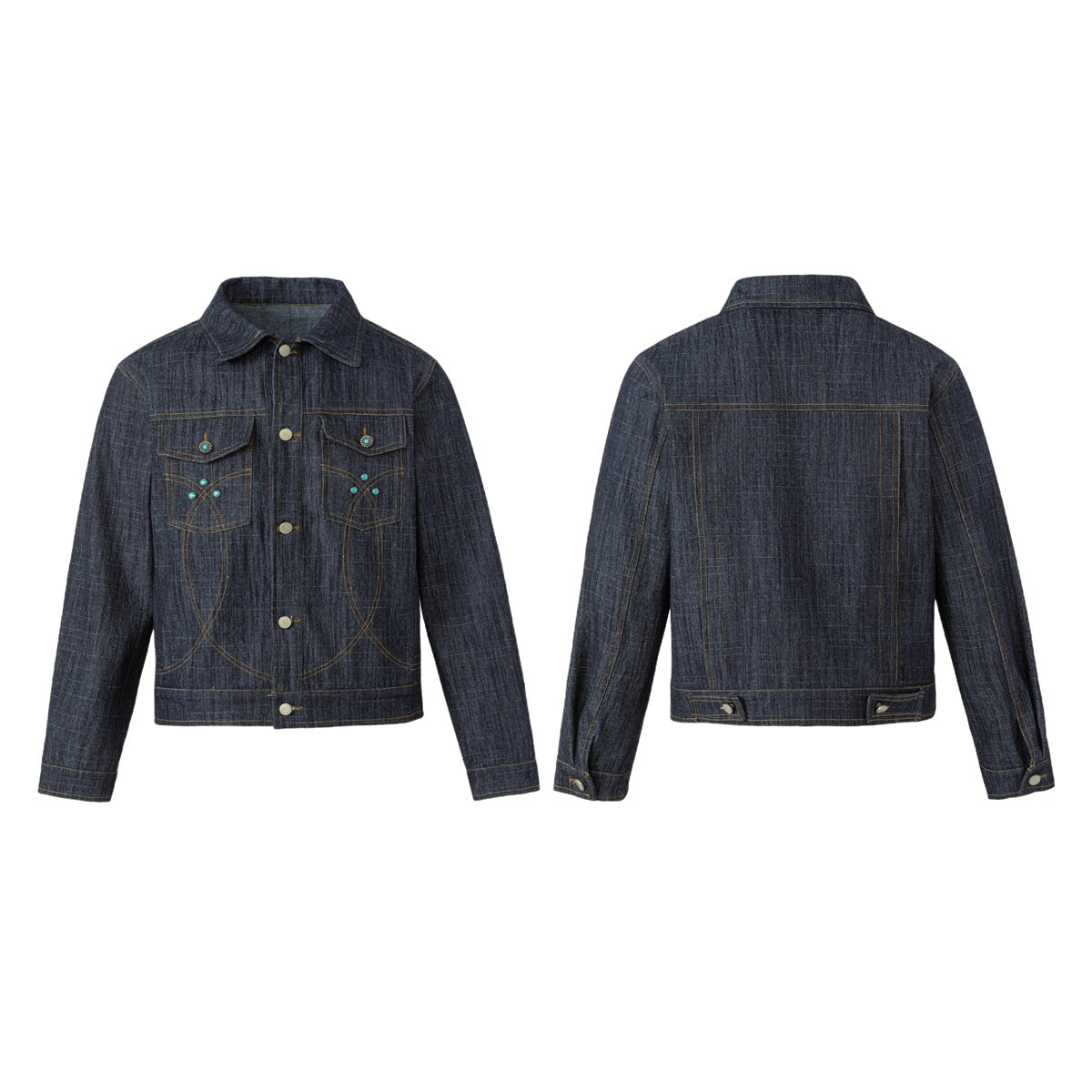 Dark indigo jacket shown from the front and back, with button closure, flap chest pockets, contrast stitching, and turquoise