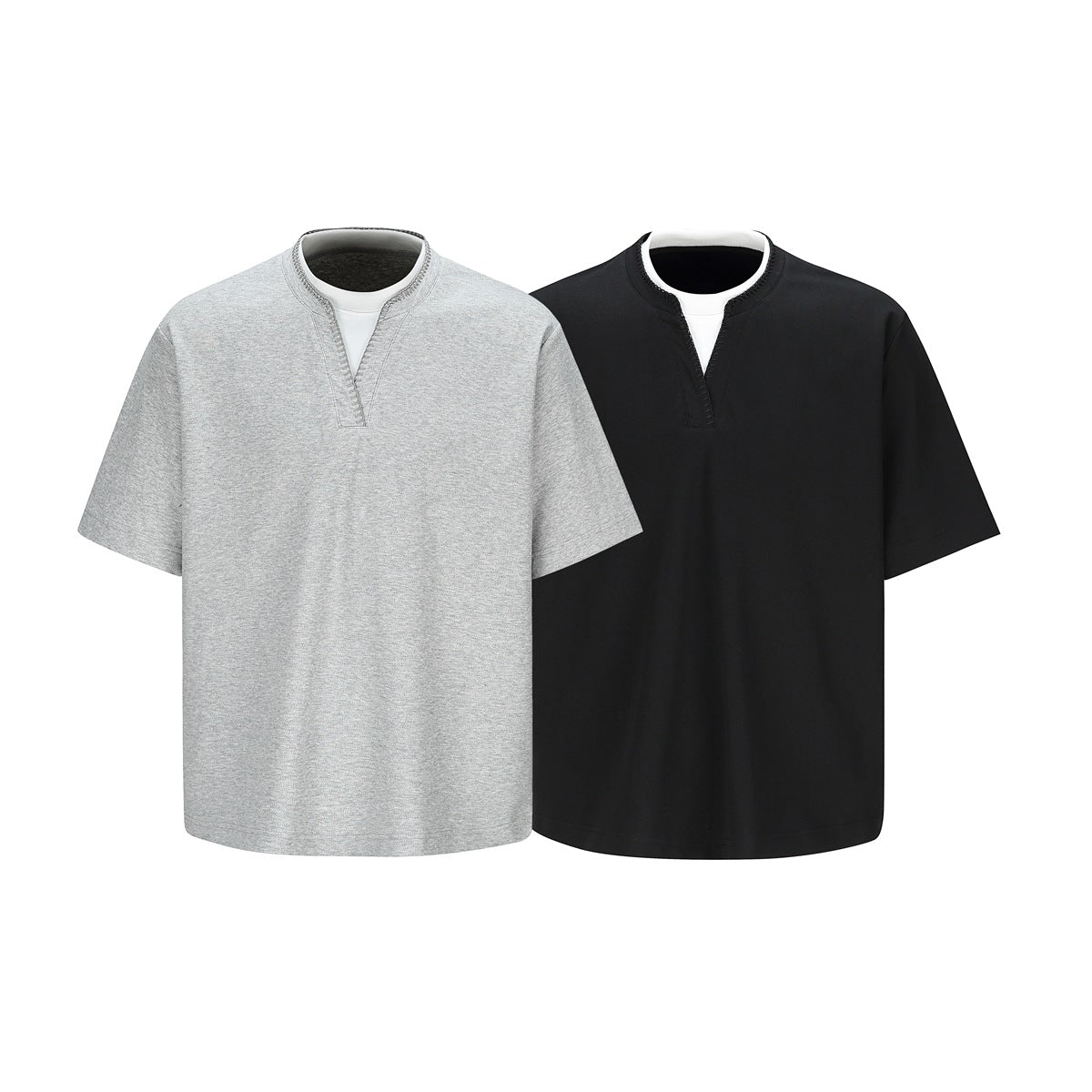 Front view of short-sleeve shirts in light gray and black, each with a notched crew neckline over a white layer.