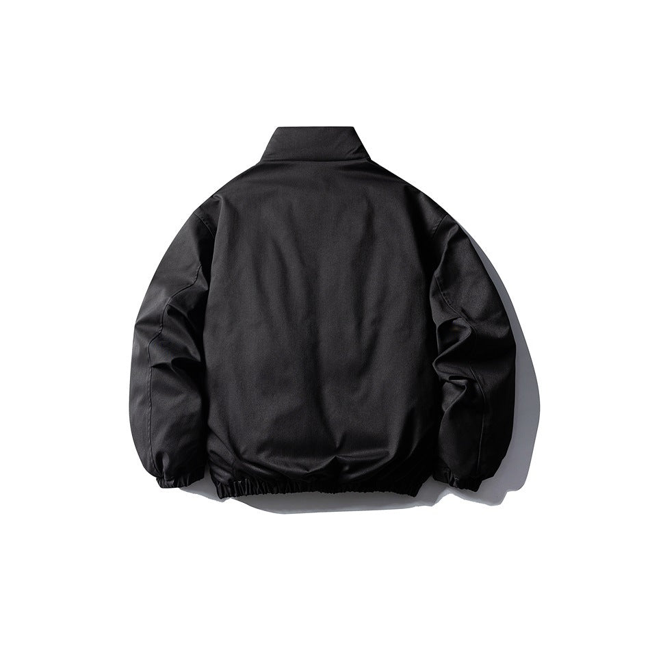 Back view of black stand-collar puffer jacket with elastic cuffs and hem