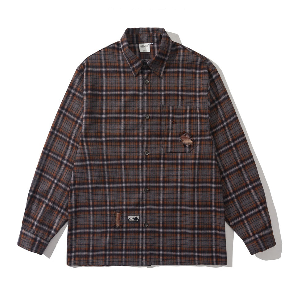 Brown, gray and navy plaid long-sleeve button-front shirt with chest pocket and distressed patch details, flat front view