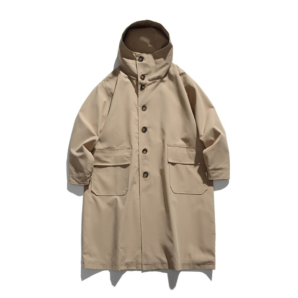 Khaki long hooded button-front coat with two large flap pockets, flat lay front view