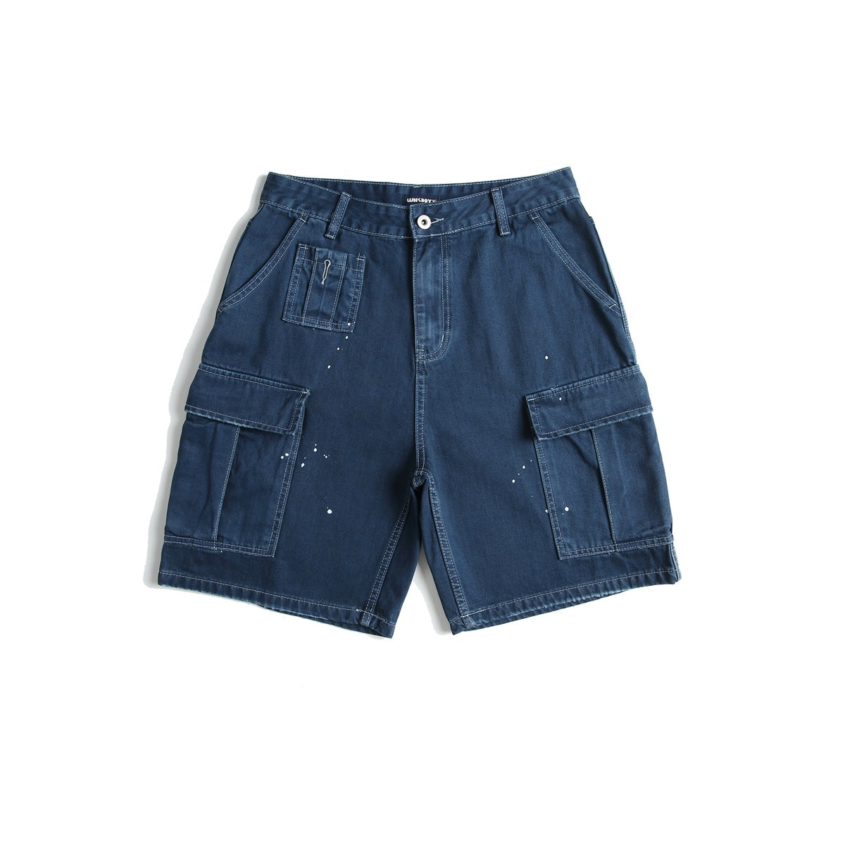 Front view of blue cargo shorts with flap cargo pockets, small chest-style pocket and white paint splatters