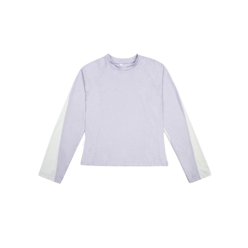Lavender long-sleeve raglan top with off-white sleeve panels, flat front view