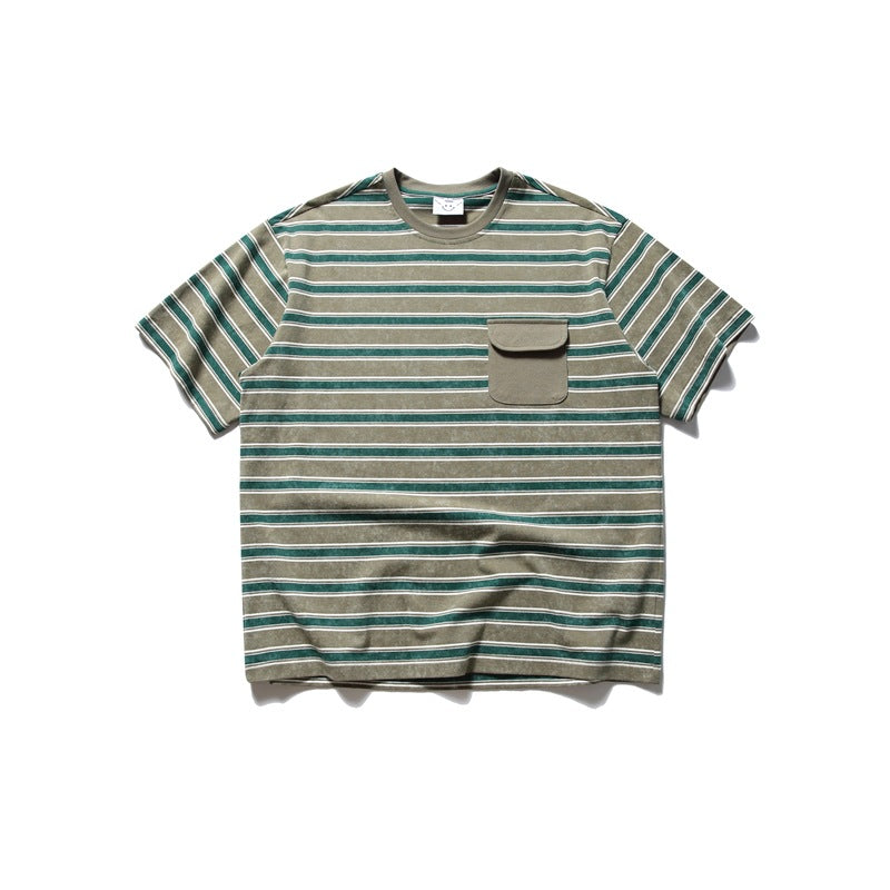 Olive-green striped short-sleeve T-shirt with teal and white stripes and a flap chest pocket, flat lay front view