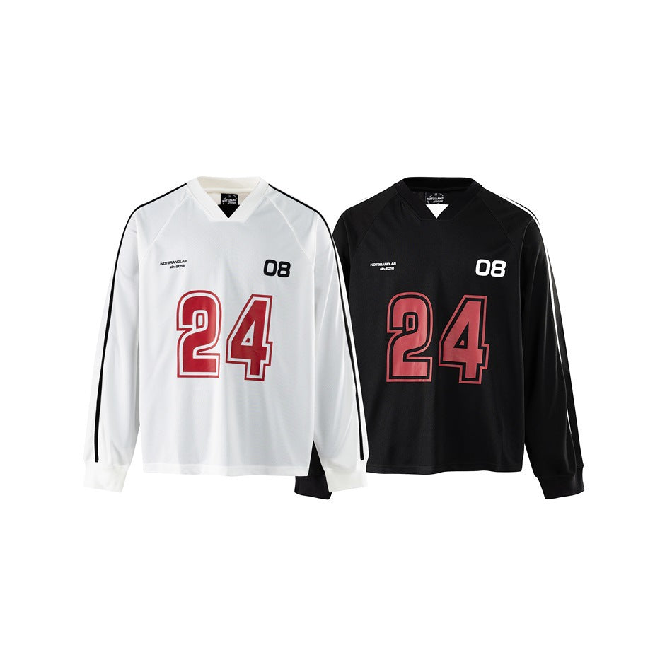 White and black long-sleeve V-neck jerseys, each with black or red number 24 graphics and an 08 chest mark.