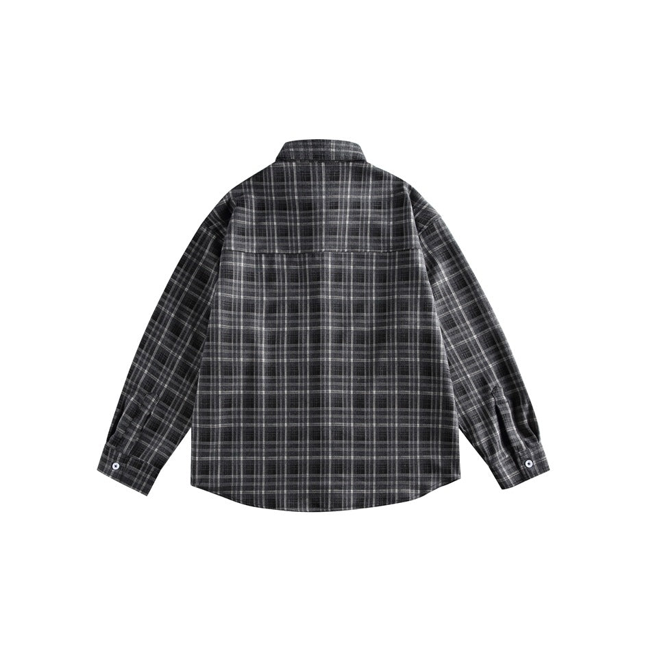 Back view of a charcoal and gray plaid long-sleeve button-up shirt on a white background.