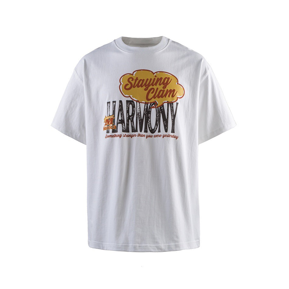 White short-sleeve crew-neck T-shirt with retro Staying Clam HARMONY graphic print on the front
