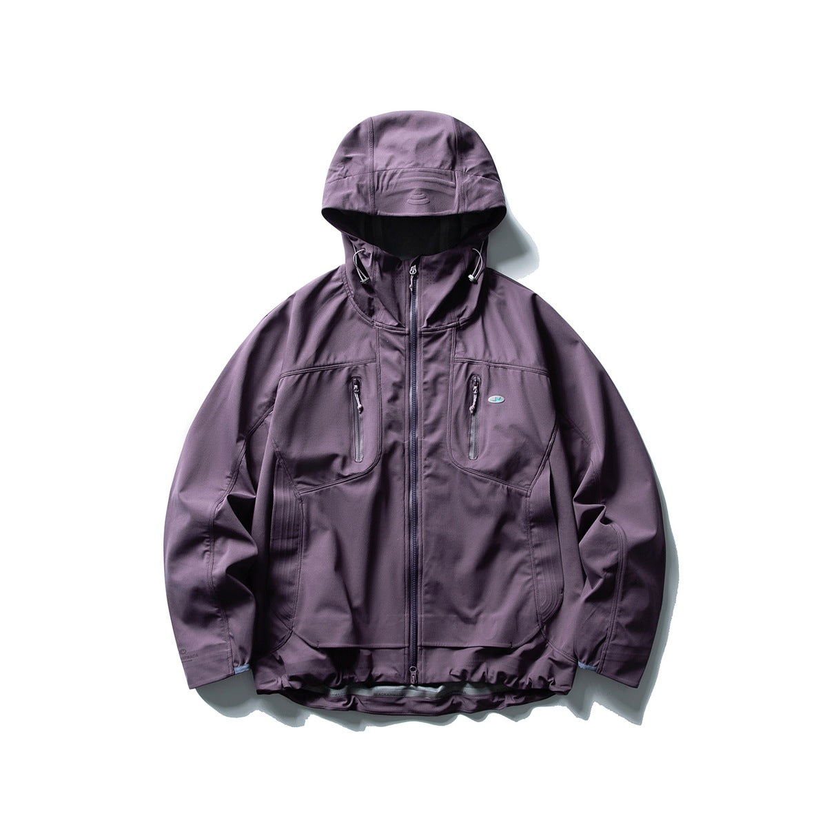 Deep purple hooded zip jacket with zipped chest pockets, side panels and a gathered curved hem, flat lay