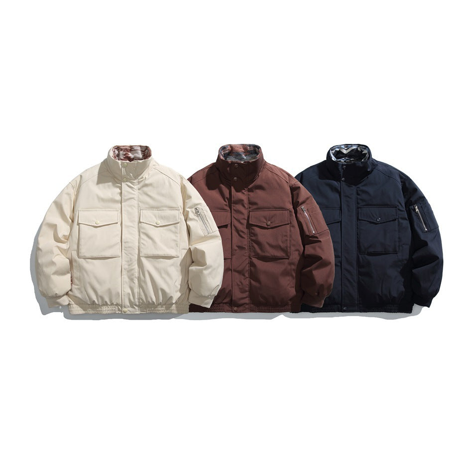 Three jackets shown together in cream, brown, and dark navy, each with a stand collar and flap pockets.
