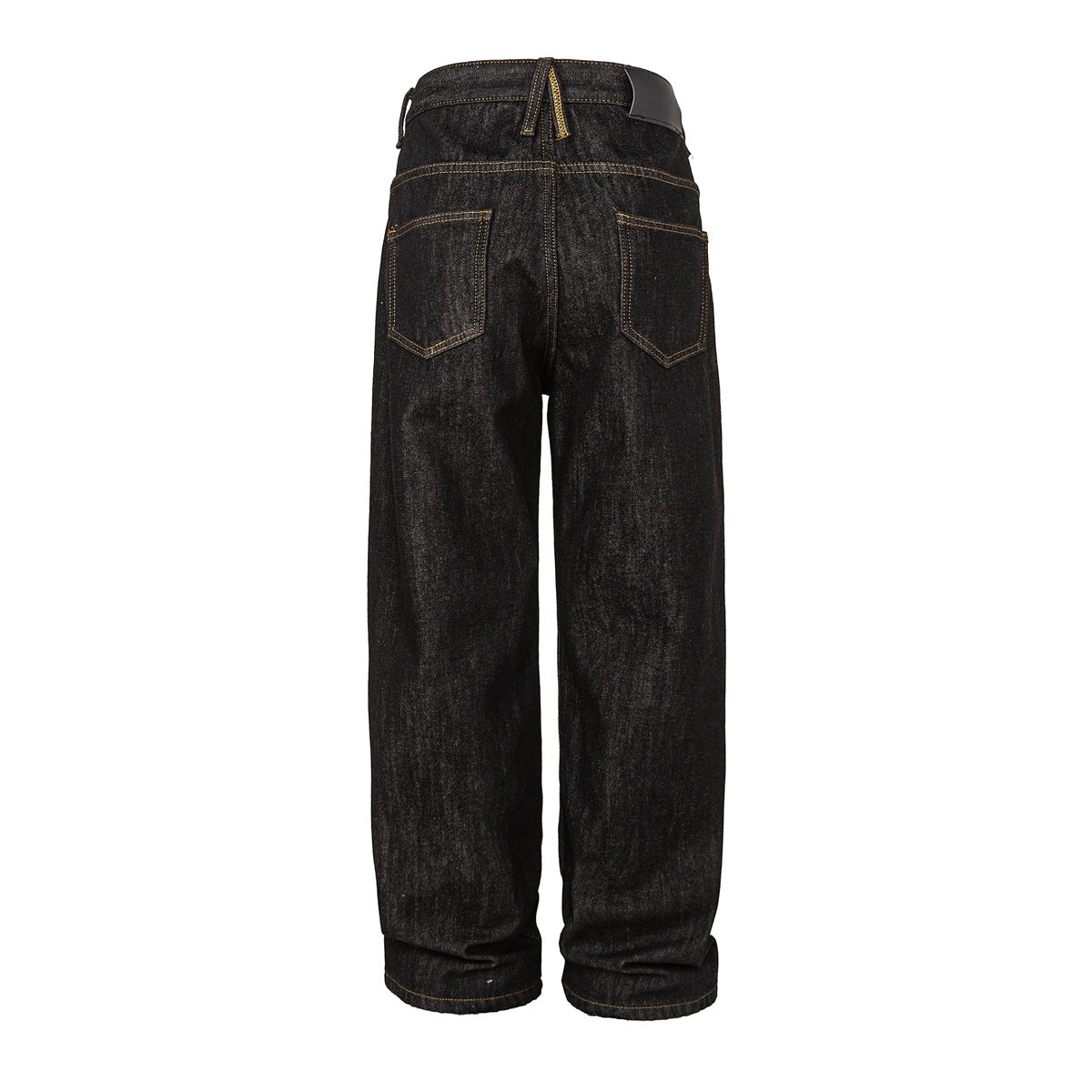 Rear view of dark indigo jeans with two patch pockets, golden contrast stitching and wide straight legs.